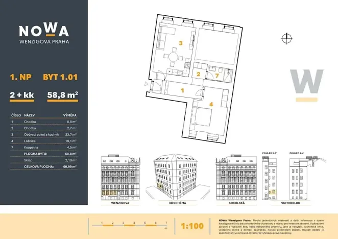 Prodej bytu 2+kk, Praha - Nové Město, Wenzigova, 59 m2