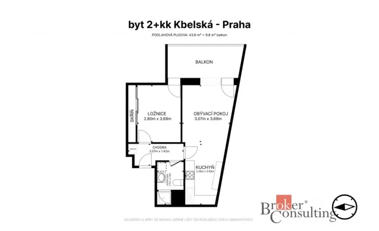 Pronájem bytu 2+kk, Praha - Hloubětín, Kbelská, 45 m2
