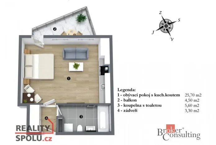 Pronájem bytu 1+kk, Praha - Bohnice, Pekařova, 34 m2