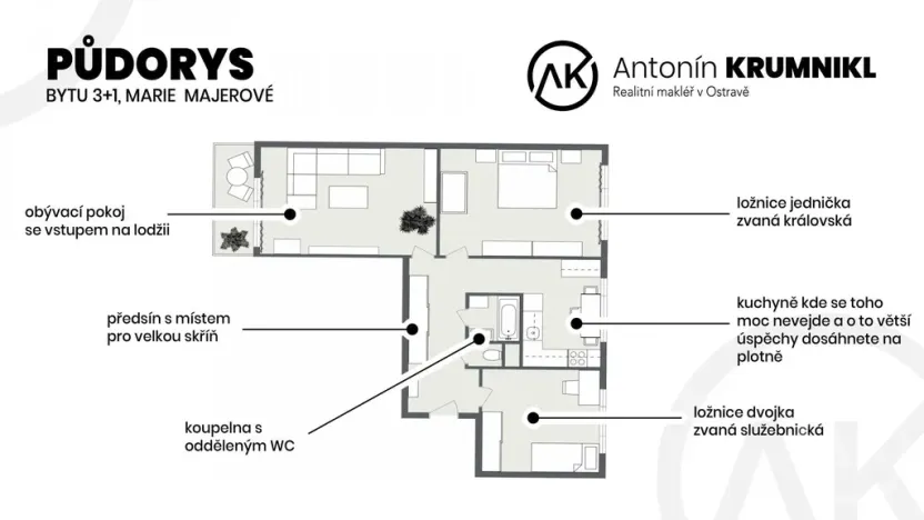Pronájem bytu 3+1, Ostrava - Poruba, Marie Majerové, 70 m2