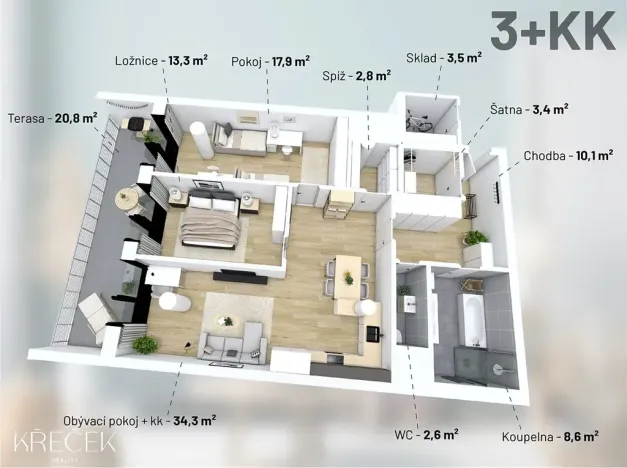 Pronájem bytu 3+kk, Třebíč, Tomáše Bati, 97 m2