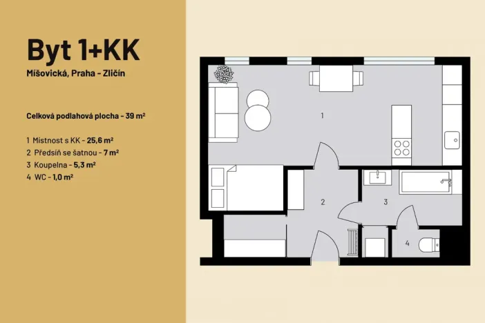 Prodej bytu 1+kk, Praha - Zličín, Míšovická, 39 m2