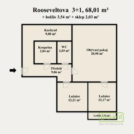 Prodej bytu 3+1, Olomouc, Rooseveltova, 68 m2