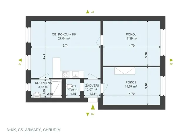 Prodej bytu 3+kk, Chrudim, Čs. armády, 66 m2