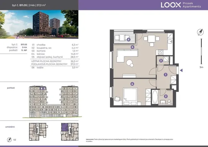 Pronájem bytu 2+kk, Praha - Prosek, Litoměřická, 55 m2