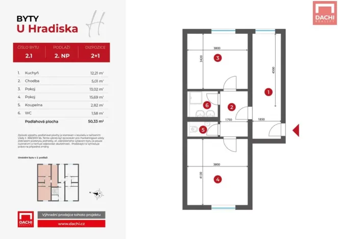 Pronájem bytu 2+1, Olomouc, U Hradiska, 50 m2