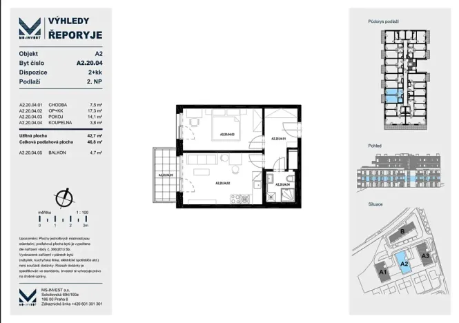Pronájem bytu 2+kk, Praha - Řeporyje, Haenkeho, 47 m2