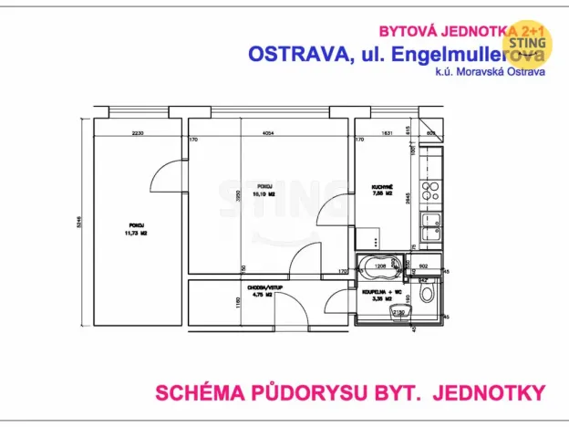 Pronájem bytu 2+1, Ostrava, Engelmüllerova, 44 m2