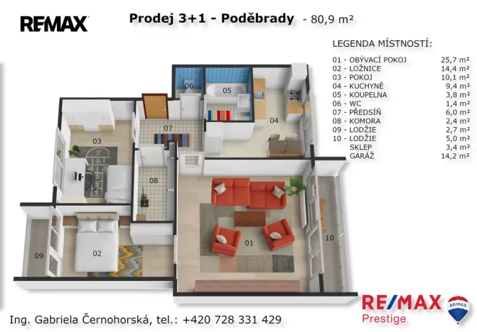 Prodej bytu 3+1, Poděbrady - Poděbrady III, Na Hrázi, 81 m2