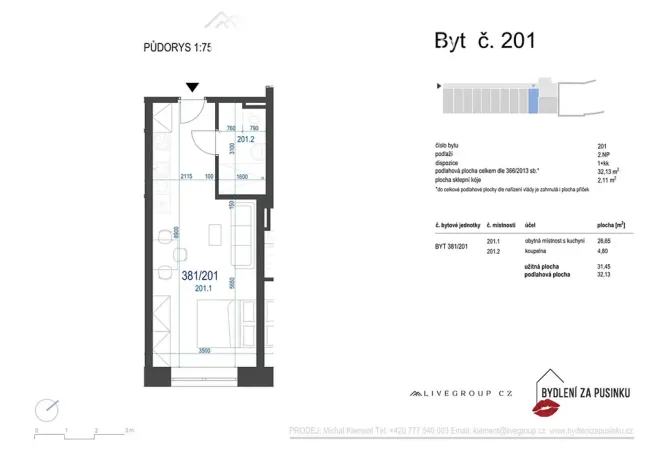 Pronájem bytu 1+kk, Zbýšov, čtvrť Padělky, 32 m2
