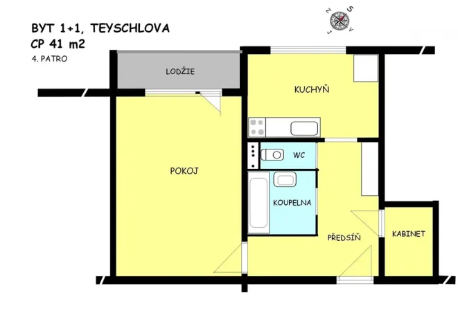 Pronájem bytu 1+1, Brno - Bystrc, Teyschlova, 43 m2