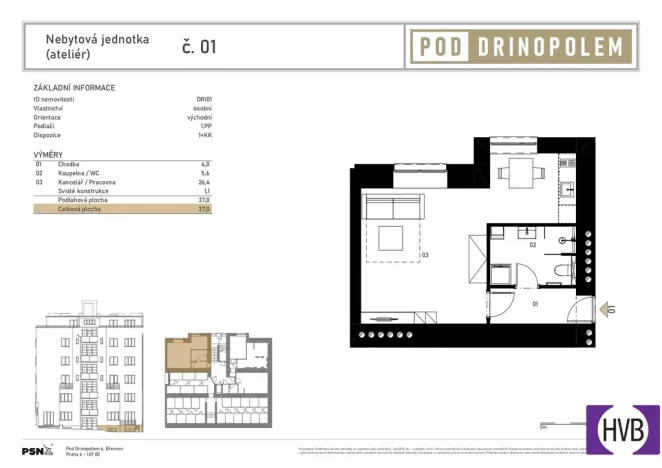 Prodej bytu 1+kk, Praha, Pod Drinopolem, 37 m2
