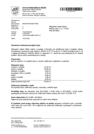 Pronájem bytu 1+1, Děčín, Dvořákova, 43 m2