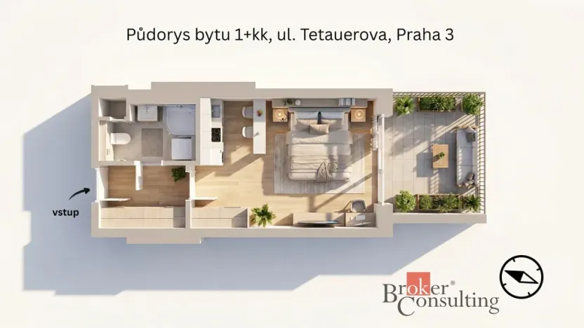Pronájem bytu 1+kk, Praha - Žižkov, Tetauerova, 29 m2