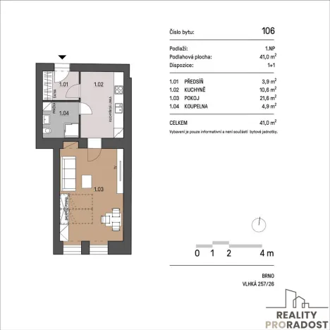 Pronájem bytu 1+1, Brno, Vlhká, 44 m2