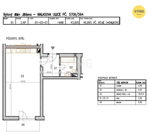 Pronájem bytu 1+kk, Jihlava, Halasova, 43 m2