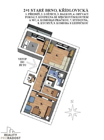 Pronájem bytu 2+1, Brno, Křídlovická, 51 m2