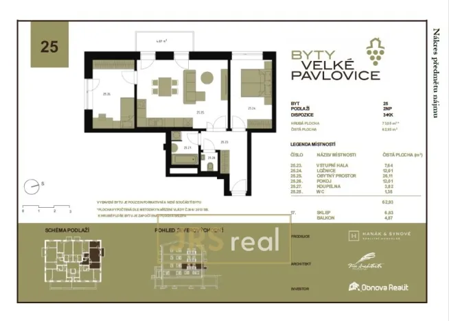 Pronájem bytu 3+kk, Velké Pavlovice, 63 m2