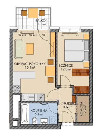 Pronájem bytu 2+kk, Praha - Vysočany, Pod Harfou, 44 m2