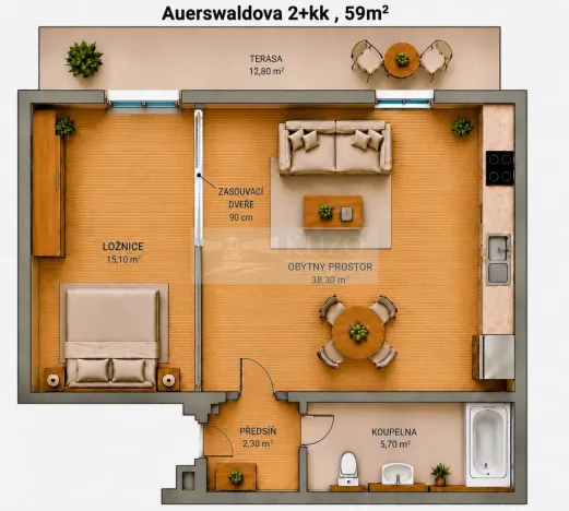 Pronájem bytu 2+kk, Brno, Auerswaldova, 47 m2