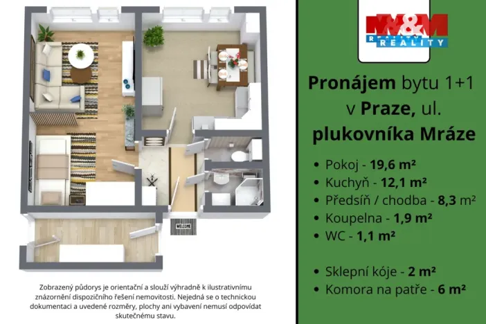 Pronájem bytu 1+1, Praha - Hostivař, plukovníka Mráze, 43 m2