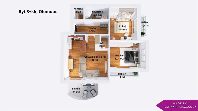 Pronájem bytu 3+kk, Olomouc - Nové Sady, Fischerova, 72 m2