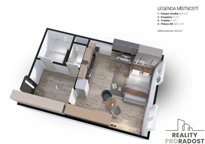 Pronájem bytu 1+kk, Brno - Bohunice, Havelkova, 31 m2