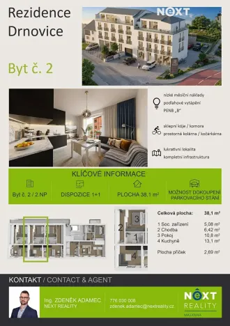 Prodej bytu 1+1, Drnovice, 38 m2