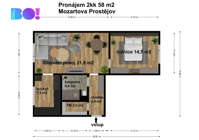 Pronájem bytu 2+kk, Prostějov, Mozartova, 58 m2