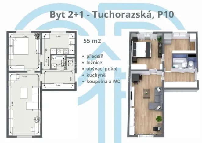 Prodej bytu 2+1, Praha - Malešice, Tuchorazská, 55 m2