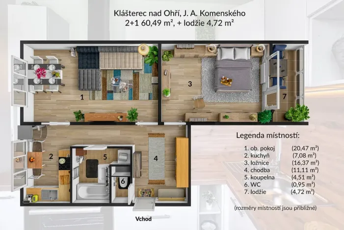 Pronájem bytu 2+1, Klášterec nad Ohří - Miřetice u Klášterce nad Ohří, Jana Ámose Komenského, 60 m2