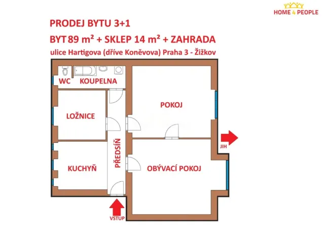 Prodej bytu 3+1, Praha - Žižkov, Hartigova, 89 m2