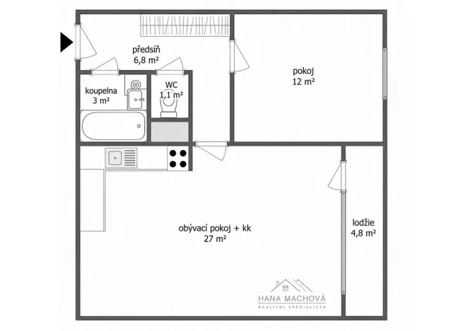 Pronájem bytu 2+kk, Brno, Oblá, 50 m2