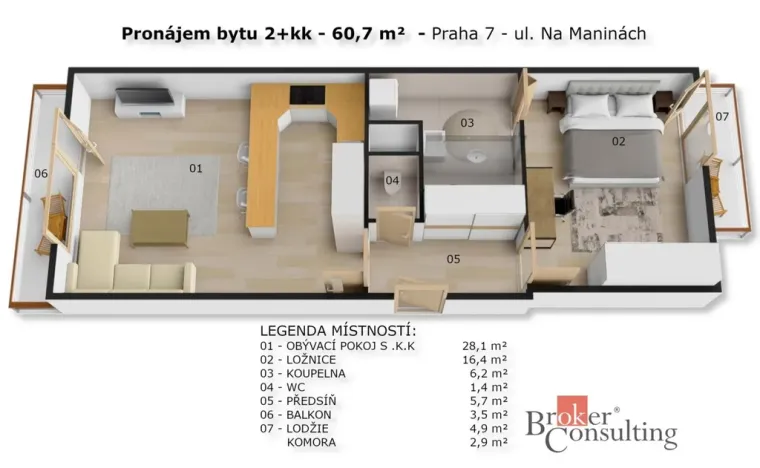 Pronájem bytu 2+kk, Praha - Holešovice, Na Maninách, 60 m2