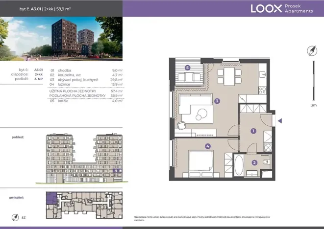 Pronájem bytu 2+kk, Praha - Prosek, Litoměřická, 57 m2