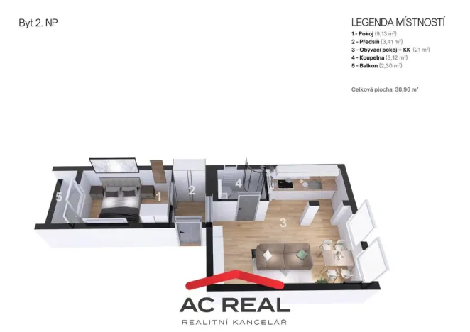 Pronájem bytu 2+kk, Brno - Komín, Štursova, 39 m2