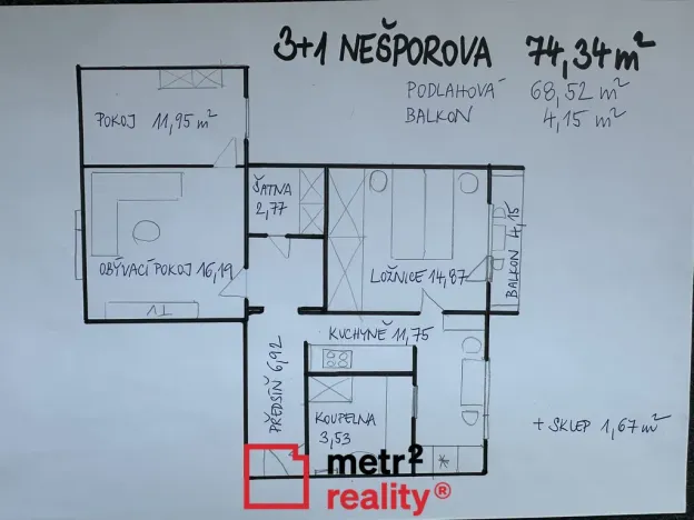 Prodej bytu 3+1, Olomouc, Nešporova, 68 m2