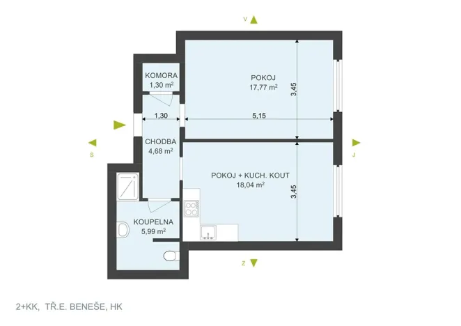 Pronájem bytu 2+kk, Hradec Králové, třída Edvarda Beneše, 49 m2