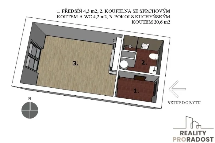 Pronájem bytu 1+kk, Brno, Kytnerova, 29 m2