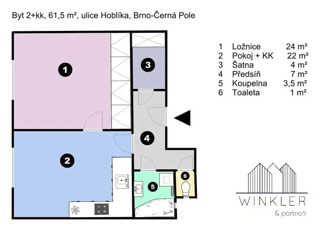 Pronájem bytu 2+kk, Brno, Hoblíkova, 62 m2