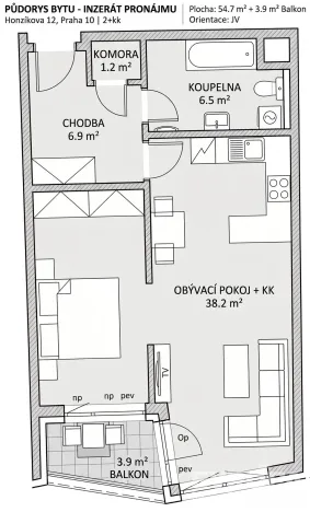 Pronájem bytu 2+kk, Praha - Dolní Měcholupy, Honzíkova, 59 m2