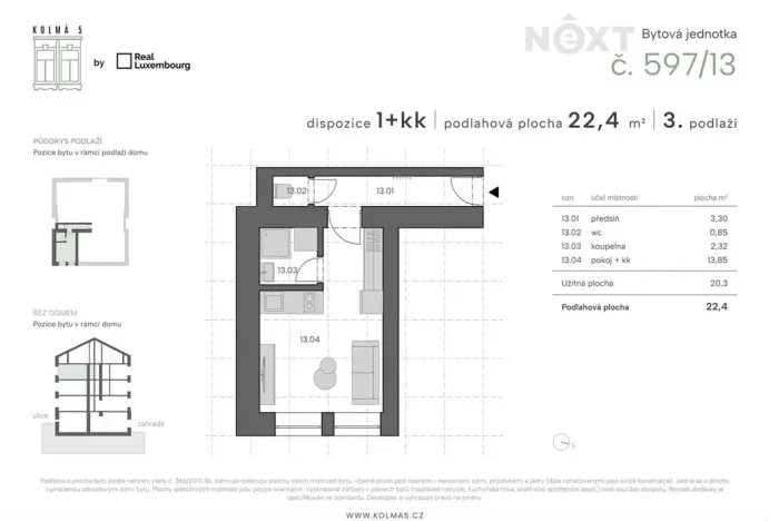Prodej bytu 1+kk, Praha - Vysočany, Kolmá, 23 m2