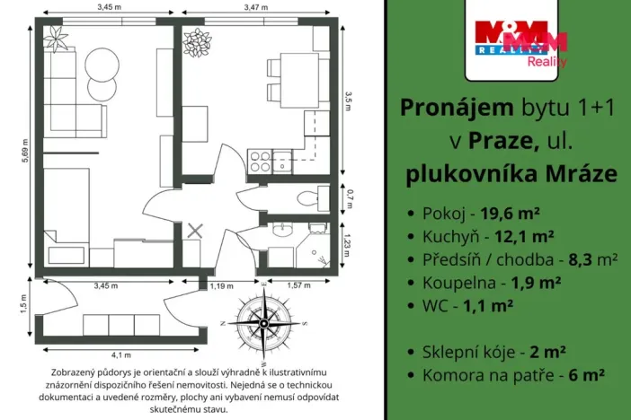 Pronájem bytu 1+1, Praha - Hostivař, plukovníka Mráze, 43 m2