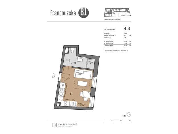 Pronájem bytu 1+kk, Brno, Francouzská, 21 m2