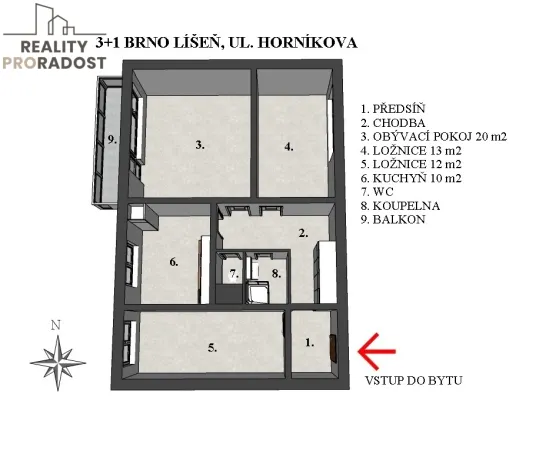 Pronájem bytu 3+1, Brno - Líšeň, Horníkova, 74 m2