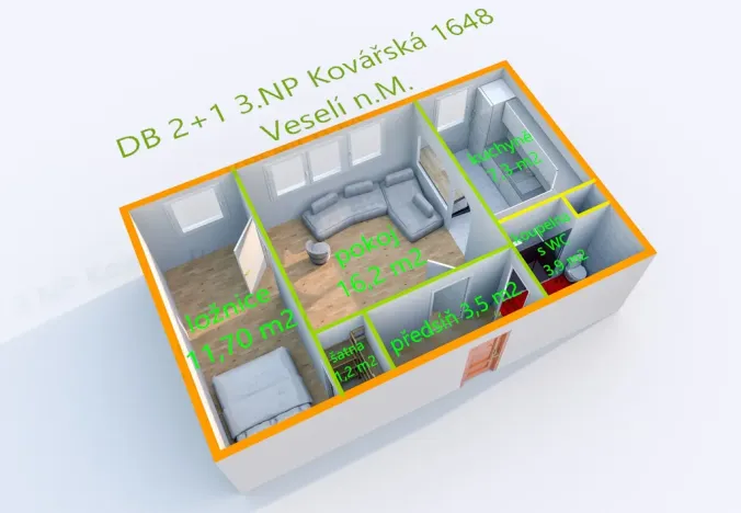 Prodej bytu 2+1, Veselí nad Moravou, Kovářská, 43 m2