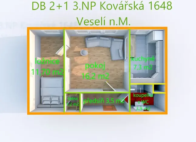 Prodej bytu 2+1, Veselí nad Moravou, Kovářská, 43 m2