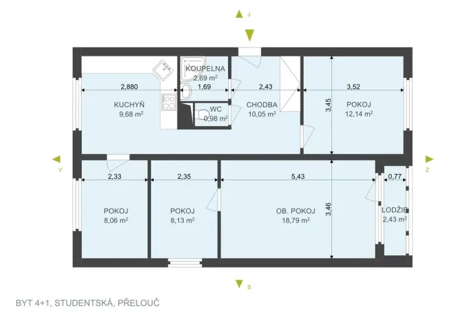 Prodej bytu 4+1, Přelouč, Studentská, 74 m2