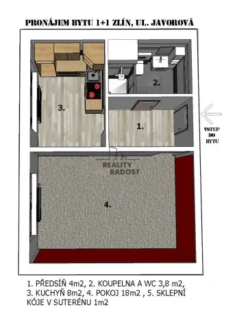 Pronájem bytu 1+1, Zlín, Javorová, 35 m2