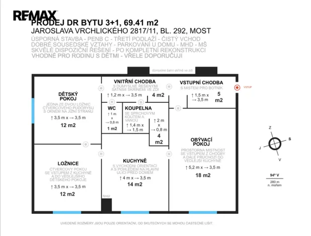 Prodej bytu 3+1, Most, Jaroslava Vrchlického, 69 m2
